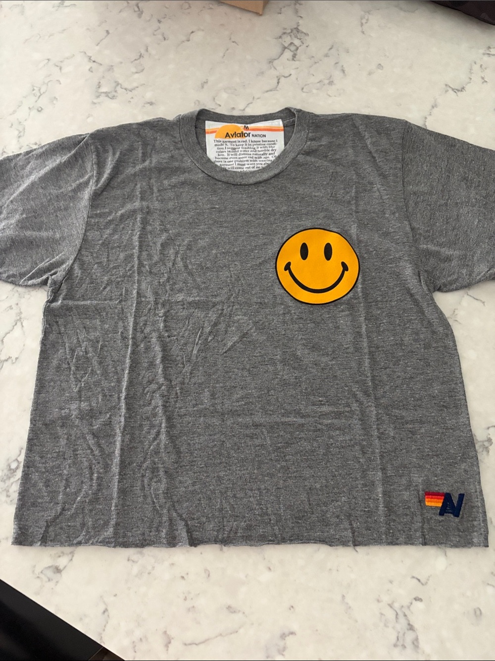NWT Aviator Nation Gray Tee with Yellow Smiley Patch